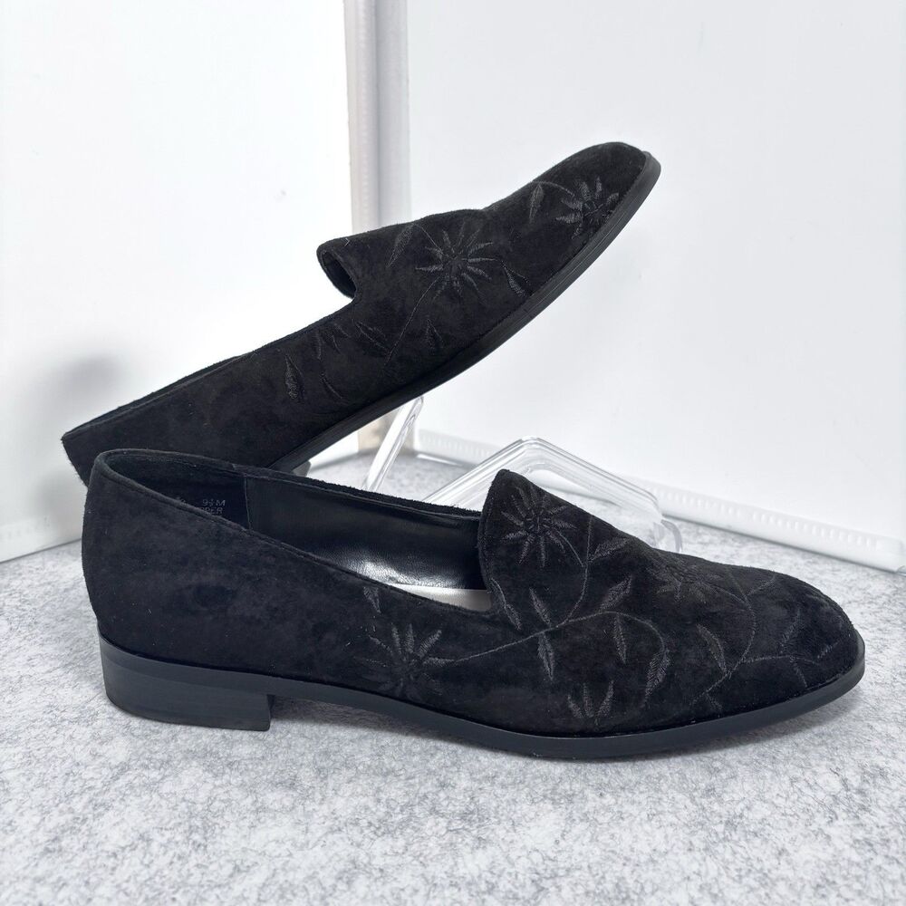 LAURA SCOTT Black Suede Loafers Women’s 9.5M Embossed Floral Slip On Flats